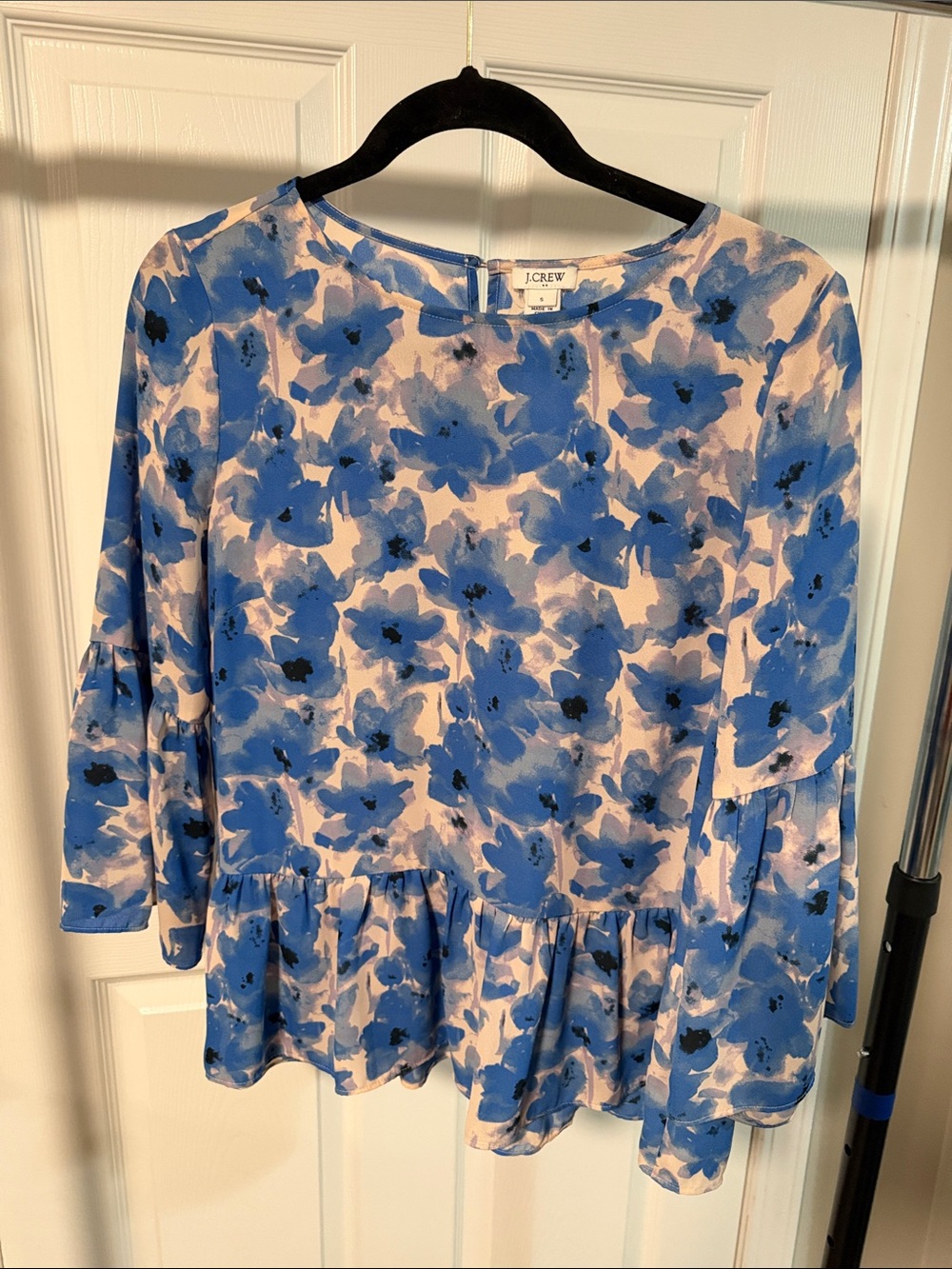 J. Crew Blue and cream Floral Peplum Top